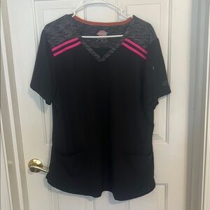 Dickies Women's Black scrub Top with Pink Stripes.